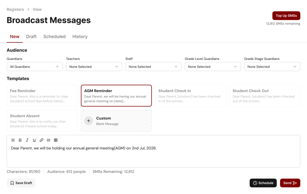 The broadcast messages composer with audience filters and message templates